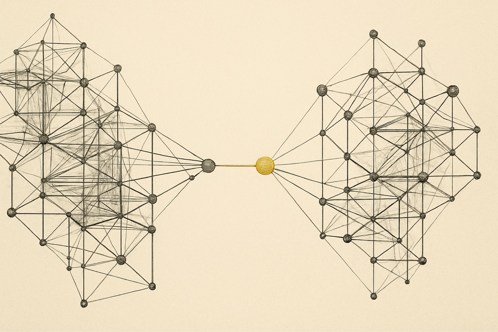 Abstract editorial illustration for 'What a good AI advisor in Denmark actually does', in ink and amber on a cream background, evoking the themes of the essay.