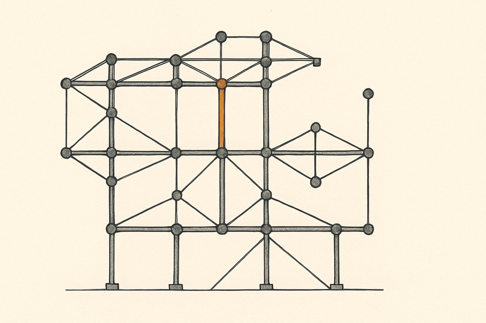 Abstract editorial illustration for 'The EU AI Act, read as architecture', in ink and amber on a cream background, evoking the themes of the essay.