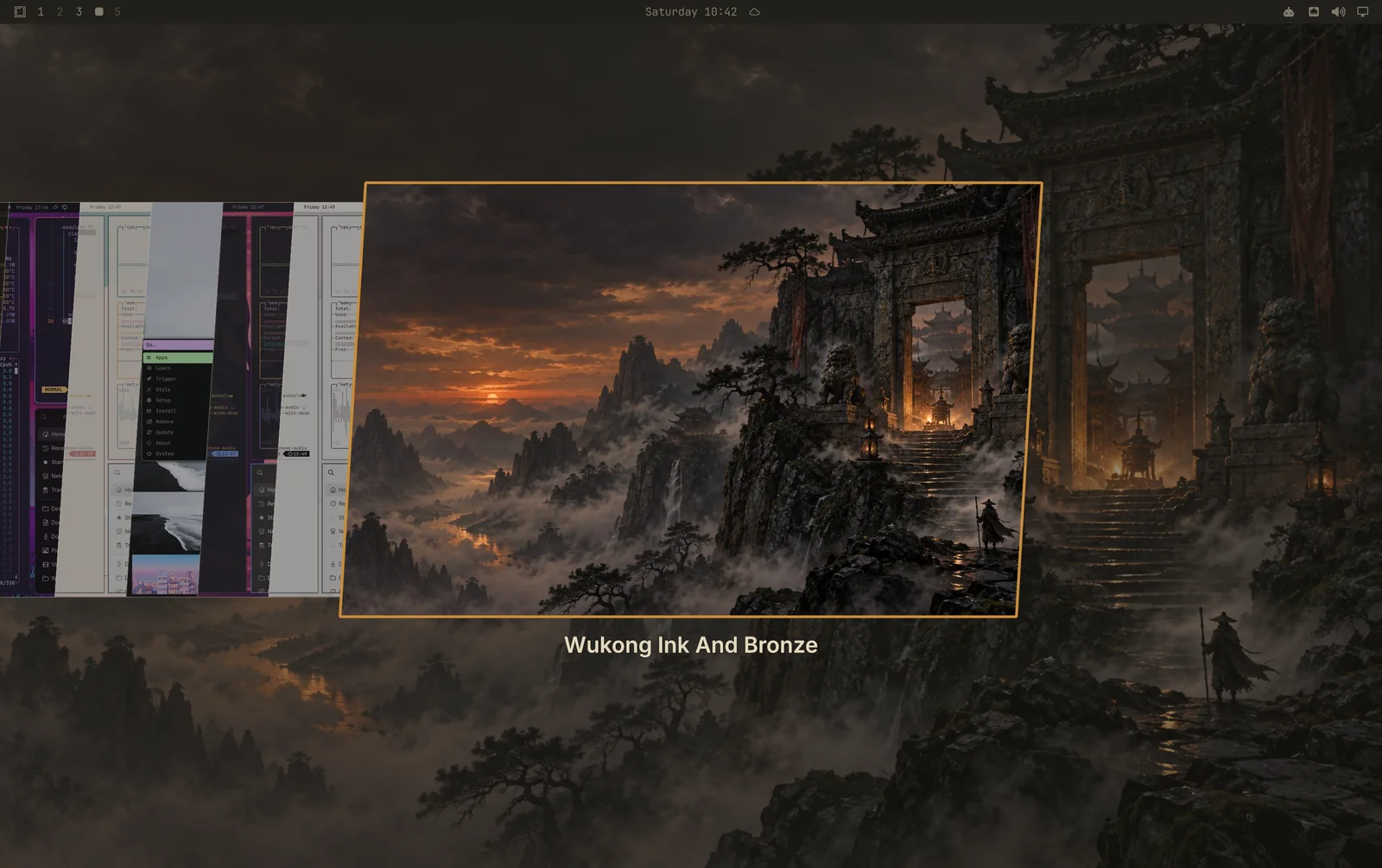 Wukong Ink And Bronze, a custom Omarchy theme across the desktop, terminal, and menu